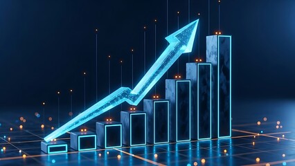 A futuristic blue bar graph with an upward trend arrow on a dark background with orange lights