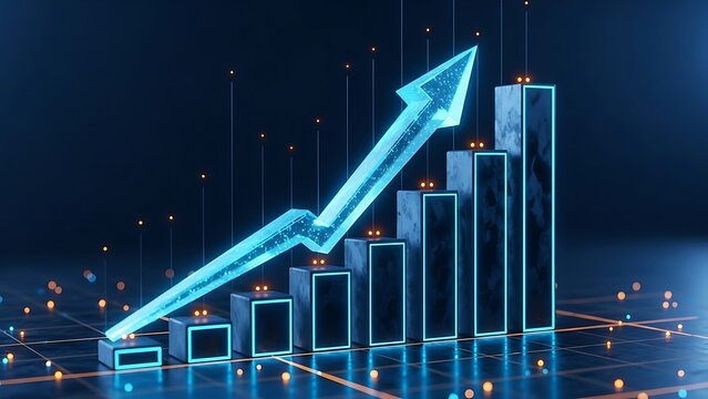 A futuristic blue bar graph with an upward trend arrow on a dark background with orange lights - Powered by Adobe