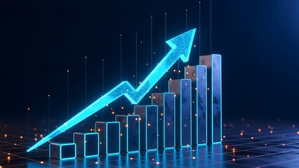 Glowing blue bar graph with upward trending arrow at night