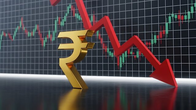 Golden Rupee symbol in front of a falling red arrow graph. Indian economy crisis and stock market crash concept. 3D currency sign standing against a bearish candlestick chart background.