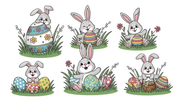 Cute Easter Bunnies And Painted Eggs In Green Grass