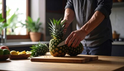 Man Cutting A Fresh Pineapple On A Wooden Cutting Board In A Bright Kitchen With Tropical Plants In The Background