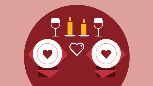 Intimate and elegant romantic dinner illustration for two, featuring a beautifully set table with lit candles, wine glasses, and heart plates,anniversaries, or special date nights