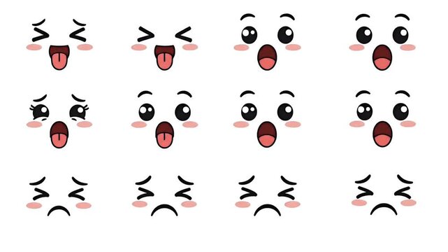 Cute Anime Face Expressions Set with Blushing Cheeks and Diverse Emotions
