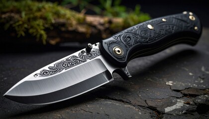 Ornate Folding Knife with Intricate Engraving on Blade and Handle Set Against Dark Textured Background with Mossy Wood Accent