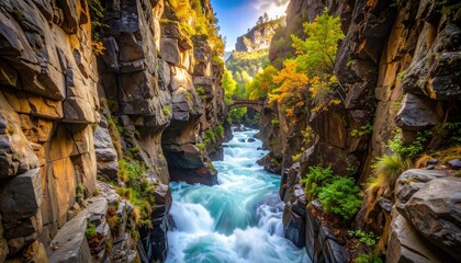 Fast Flowing Turquoise River Through a Rugged Rocky Gorge with Autumn Foliage and a Stone Arch Bridge in the Distance on a Sunny Day