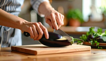 Close Up Of Hands Slicing An Eggplant On A Wooden Cutting Board With A Serrated Knife In A Kitchen Environment With Soft Natural Lighting