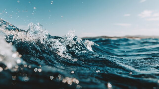 A breaking wave with white foam in the deep blue ocean
