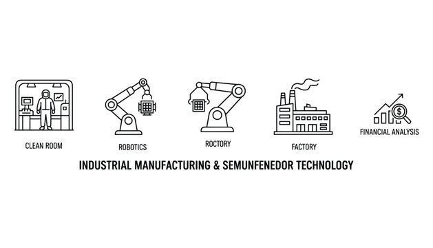 Industrial manufacturing and semiconductor technology line vector illustration icon set