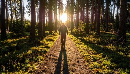 Lone Hiker Walking on Forest Path During Golden Hour Sunlight with Long Shadows and Lush Greenery