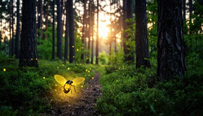 Enchanting Forest Scene at Dusk With Glowing Fireflies Illuminating a Path Through Tall Pine Trees