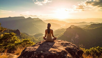 Woman Meditating on Mountaintop at Golden Hour Peaceful Serenity Silhouette with Hazy Valley Landscape and Warm Sunlight