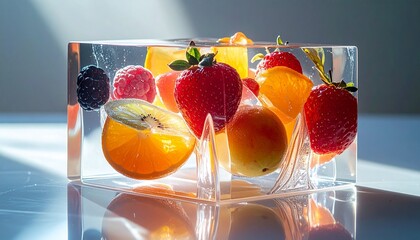 A surreal food sculpture made of glass and gelatin, transparent textures with refracted lighting, abstract fruits suspended inside, conceptually stylized as an edible art installation