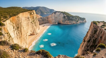White cliffs frame sandy beach, shipwreck, clear blue cove