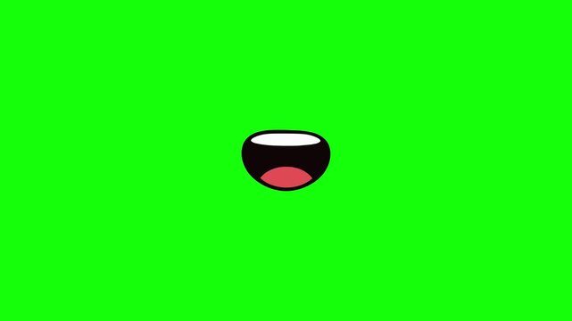 An isolated green cartoon mouth opens and closes in speaking animation against a green screen background. Ideal for modular lip-sync, dubbing projects, and custom talking avatars in videos.
