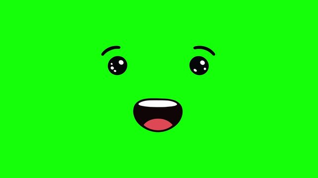 A cute green cartoon face with big eyes and wide smile opens its mouth in talking motion against a solid green screen background. Perfect for chroma key lip-sync, avatars, and fun video overlays in ed