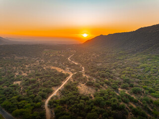 Aerial view of a winding dirt road cutting through dense green forests towards the setting sun near hills, Pushkar Rural, Rajasthan, India.
