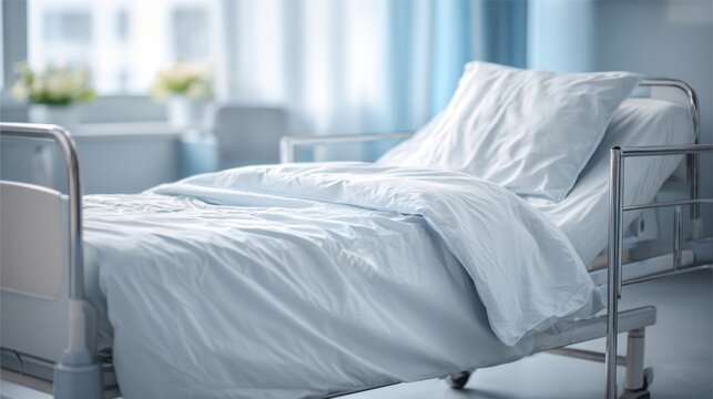 Clean unoccupied hospital bed with crisp white bedding