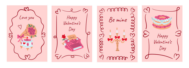 Set of cute Valentine cards featuring gramophone, typewriter, candelabra, cake with heart borders, romantic messages, perfect for printable greetings, party invitations, vintage-inspired stationery.