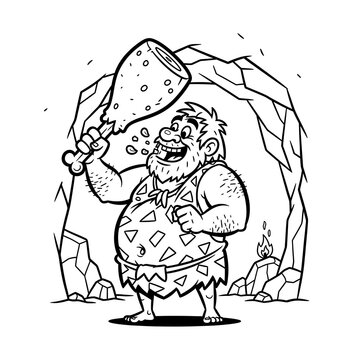 Cartoon Caveman Celebrating with Meat in Front of Cave Entrance.
