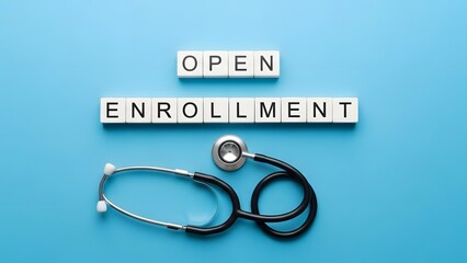 Medical health insurance open enrollment period. Healthcare benefits and medical coverage. Stethoscope lying on a blue background next to letter tiles spelling open enrollment