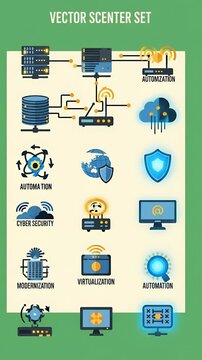 Data Center Icons Set With Servers Routers Cloud Security Shields Computer Networks