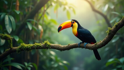 Obraz premium Vibrant Toucan perched on a mossy branch in a lush rainforest canopy viewed from a low angle