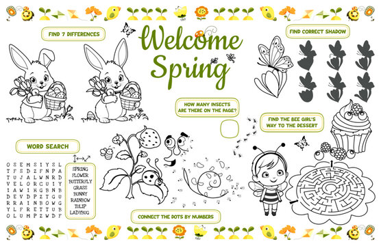 Festive placemat for kids. Printable activity sheet "Welcome spring" with a labyrinth, connect the dots, and a coloring page. 17x11 inch printable vector file	