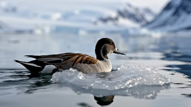Graceful pintail duck floats serenely in icy water with reflections of snowy mountains and landscape