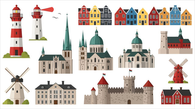 Traditional iconic buildings set from Scandinavian and Nordic regions
