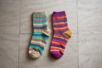 A pair of mismatched socks laid flat on a neutral floor, daylight, no people