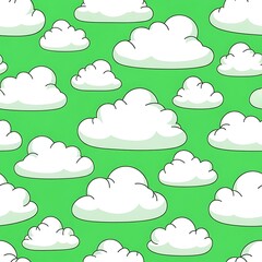 Cartoon Clouds Seamless Pattern on Green Background for Kids.