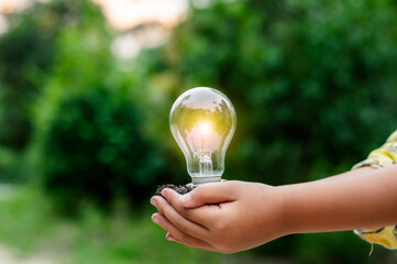 Renewable energy concept Earth Day or environment protection Hands protect forests that grow on the ground and help save the world.