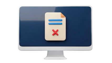Computer screen displaying a 3D icon of a document with a red cross