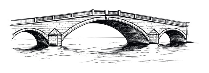 Classic architectural drawing of a multiple arch stone bridge spanning across a river, ideal for history publications, educational materials, and timeless graphic projects.