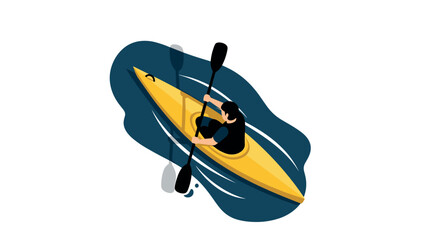 Isometric kayaking adventure on serene water with yellow canoe and paddler