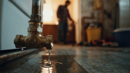 A close-up of a dripping faucet in a dimly lit room, with a figure blurred in the background emphasizing a plumbing issue.