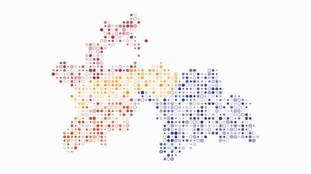 Tajikistan animated country shape. Pulsating colored dots on the map of the country. Small size circle blocks. Digital style Tajikistan map on white background. Simple animation video.