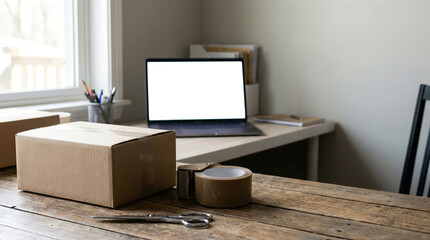 E-commerce shipping preparation desktop mockup featuring a blank white screen laptop and cardboard box packaging supplies on a rustic wooden table in a home office environment.