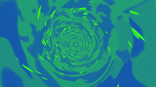A mesmerizing tunnel of swirling green and teal shapes rotating inward toward a central point. This hypnotic 2D animation is suitable for psychedelic visuals, dream sequences, or creative background l