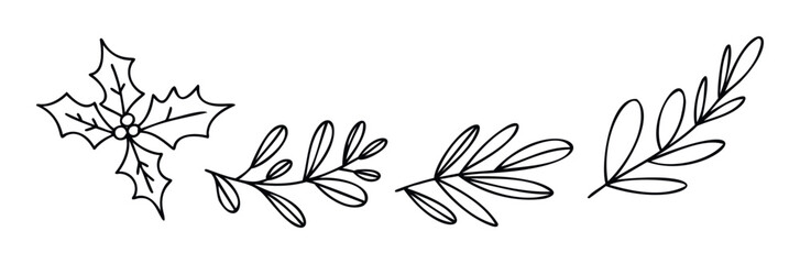 Hand drawn outline collection of festive holly leaves with berries and botanical branches, perfect graphic elements for seasonal greeting designs, invitations, and holiday decoration.