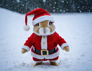 Little tiny bunny dressed up as Santa Claus on snowing, bunny Santa Claus on the snow, winter background