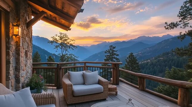 Luxury mountain lodge balcony with stunning sunset mountain vista, outdoor seating