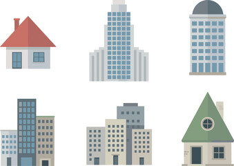 Minimalist building icons set featuring residential houses and modern city architecture illustrations for real estate urban design projects branding marketing