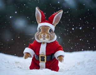 Little tiny bunny dressed up as Santa Claus on snowing, bunny Santa Claus on the snow, winter background