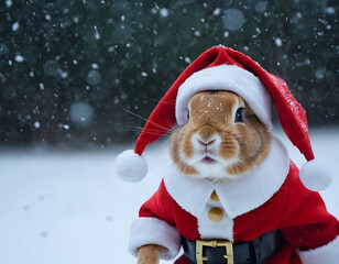 Little tiny bunny dressed up as Santa Claus on snowing, bunny Santa Claus on the snow, winter background