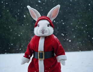 Little tiny bunny dressed up as Santa Claus on snowing, bunny Santa Claus on the snow, winter background