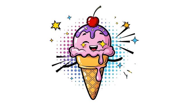Cute Ice Cream Character with Cherry On Top And Sparkles In A Waffle Cone