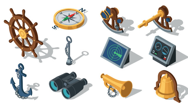 Nautical navigation tools in isometric design featuring compass, anchor, and more