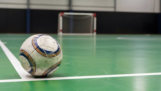 a futsal ball placed on the edge of an indoor futsal court.